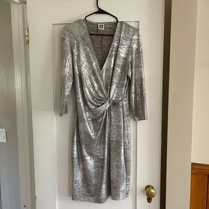 Anne Klein Silver Faux Wrap Dress Size 8 Medium
